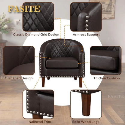 Nordic luxury Comfy Barrel Accent Chair Set, Grid Backrest Diamond, Faux Leather with Cushion for Living Room Club