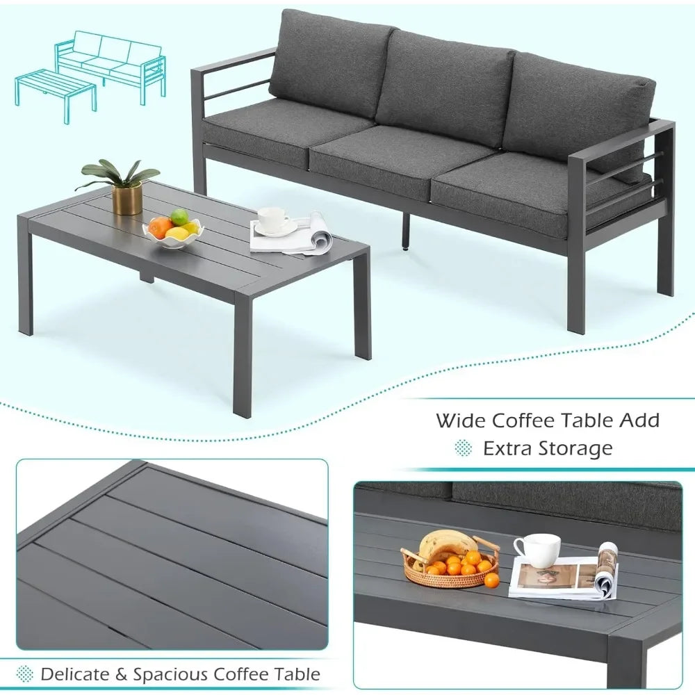 Aluminium modern patio furniture with coffee table, 7-piece outdoor conversation set, dark grey cushions, suitable for balcony
