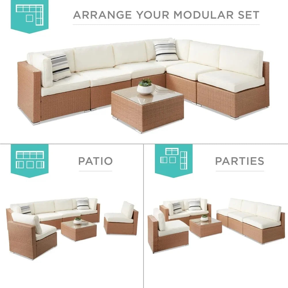 Seven Piece Modular Set, Outdoor Sectional Wicker Patio, Conversation With Two Pillows, Coffee Table Cover Included