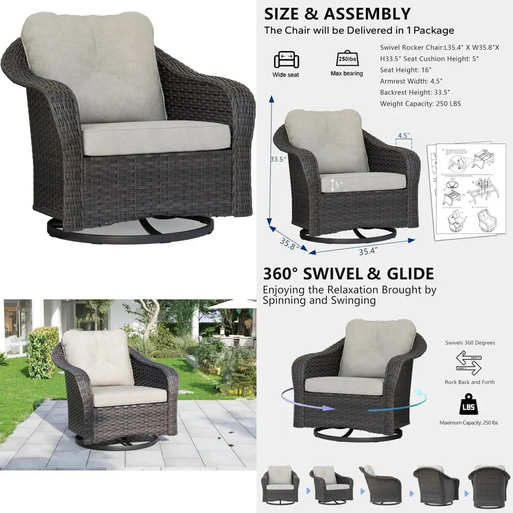 Brown Outdoor Wicker Swivel Glider Rocking Chair with Water-Resistant Cushions