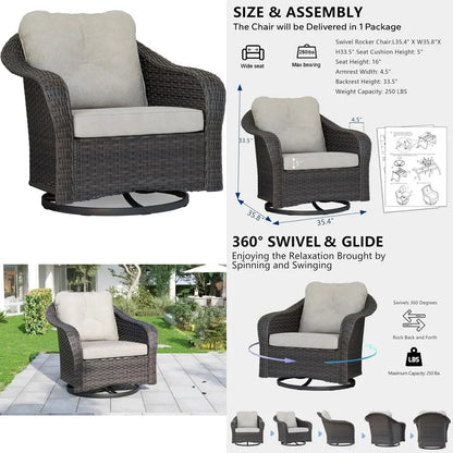Brown Outdoor Wicker Swivel Glider Rocking Chair with Water-Resistant Cushions