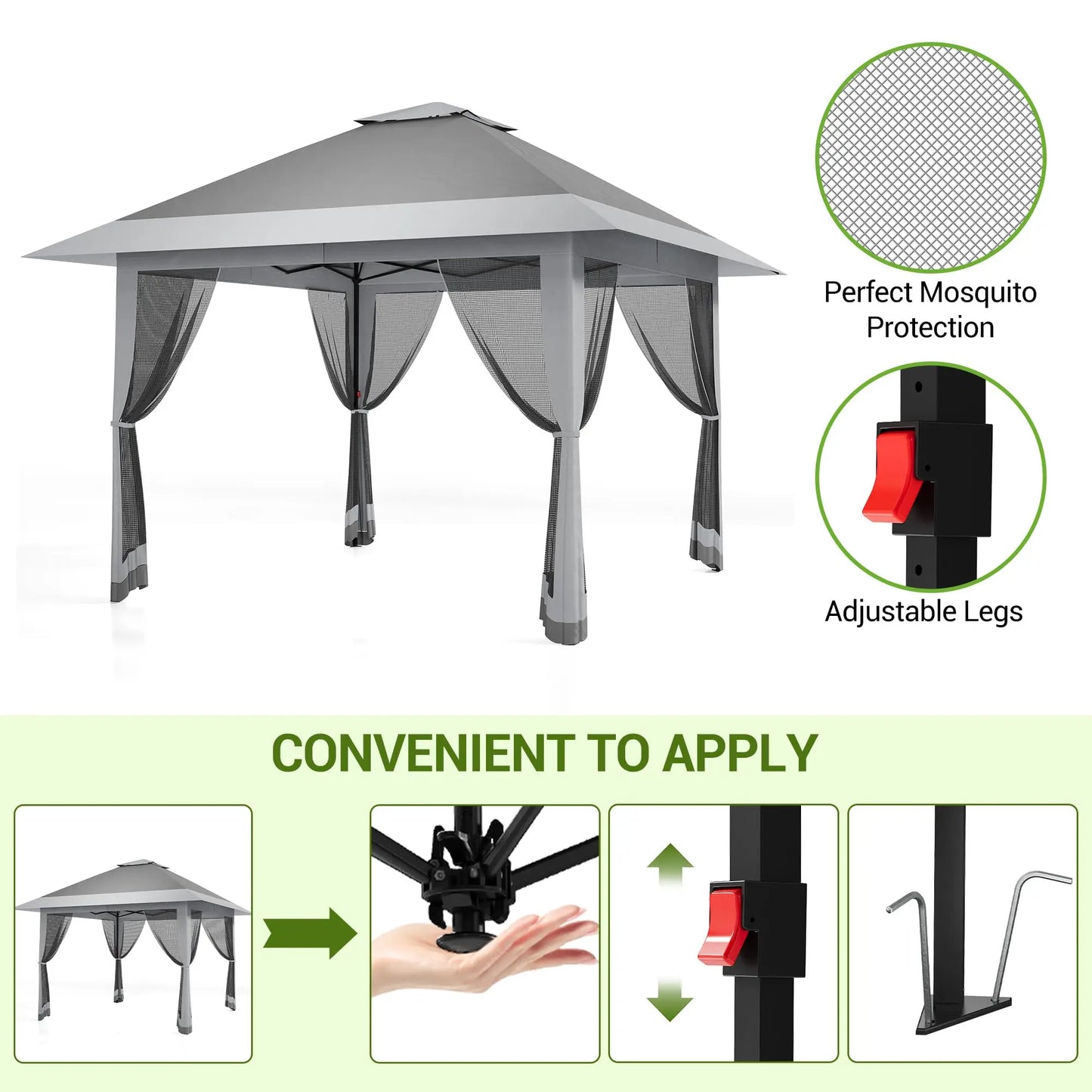13x13Ft Pop Up Canopy Tent, One Push Setup Outdoor Gazebo With Mosquito Netting, Waterproof UV Protection Instant Shade Shelter