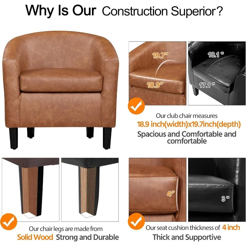 Leather Accent Chair, Faux Leather Armchair, Modern Barrel Club Chair With Soft Seat For Living Room Bedroom Reading