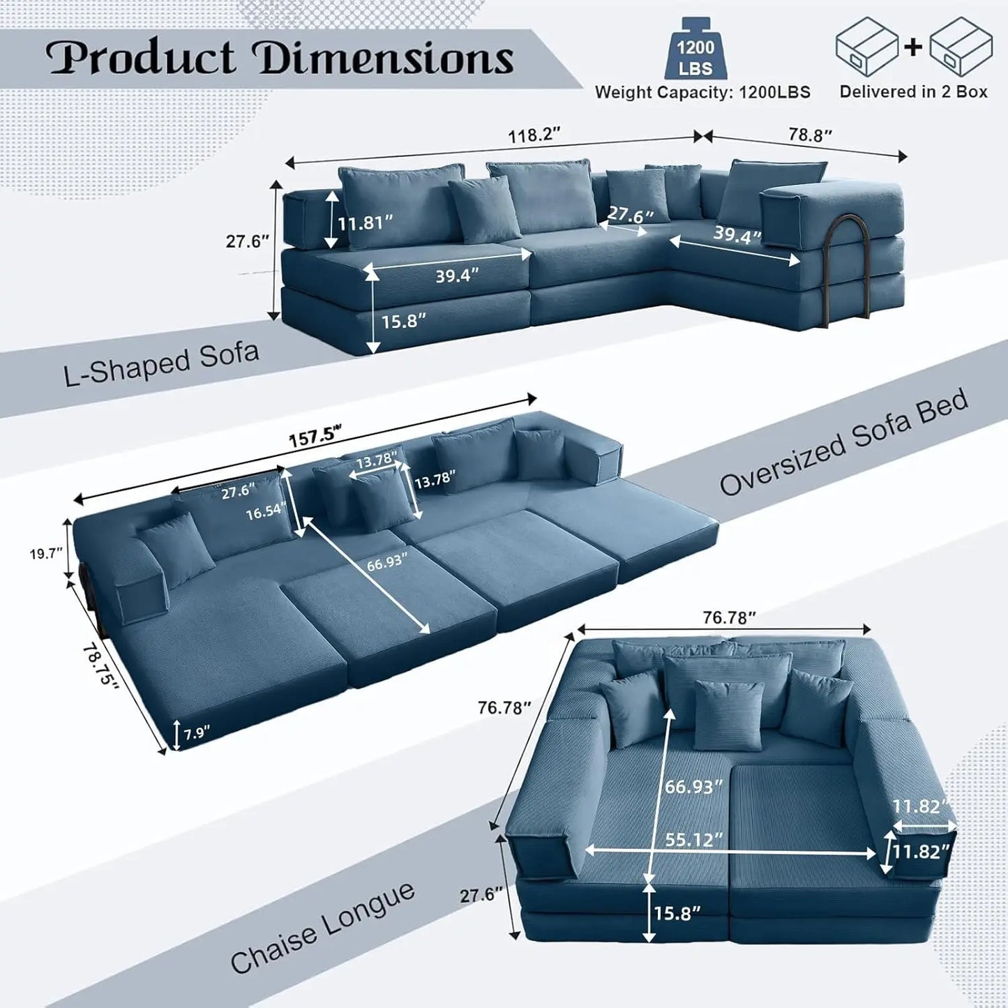 118" L Shaped Modular Sectional Cloud Couch, 6-in-1 Memory Foam Boneless Couch for Living Room, DIY Oversized Corduroy Sofa Bed