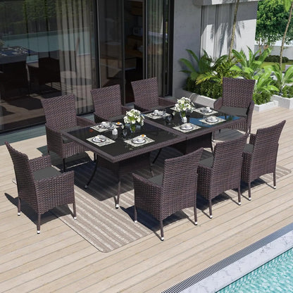 10 Piece Patio Dining Set All-Weather Wicker Outdoor Patio Furniture Set w/Tempered Glass Tabletop, Removable Cushions and Umbre