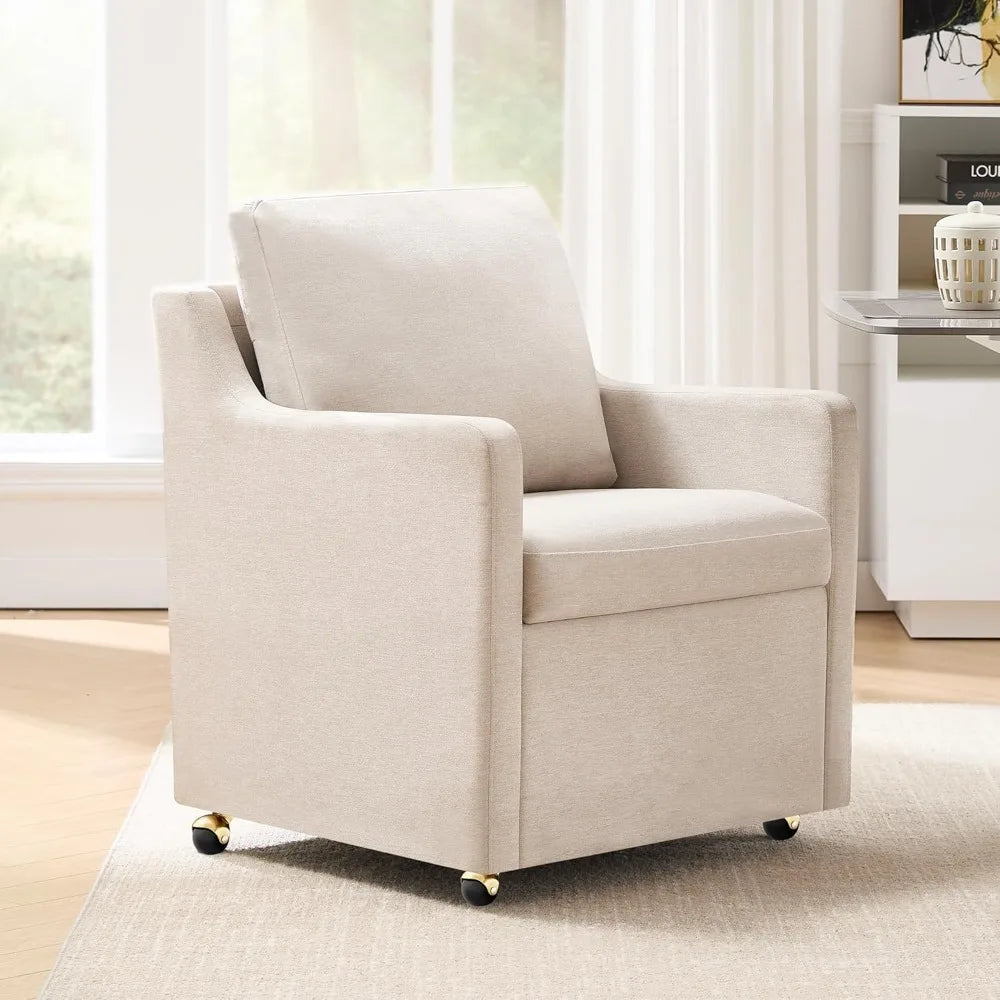 Linen Dining Chair with Casters Modern Storage Seat Design for Relaxing Upholstered Arm Chair, Single Sofa Chair