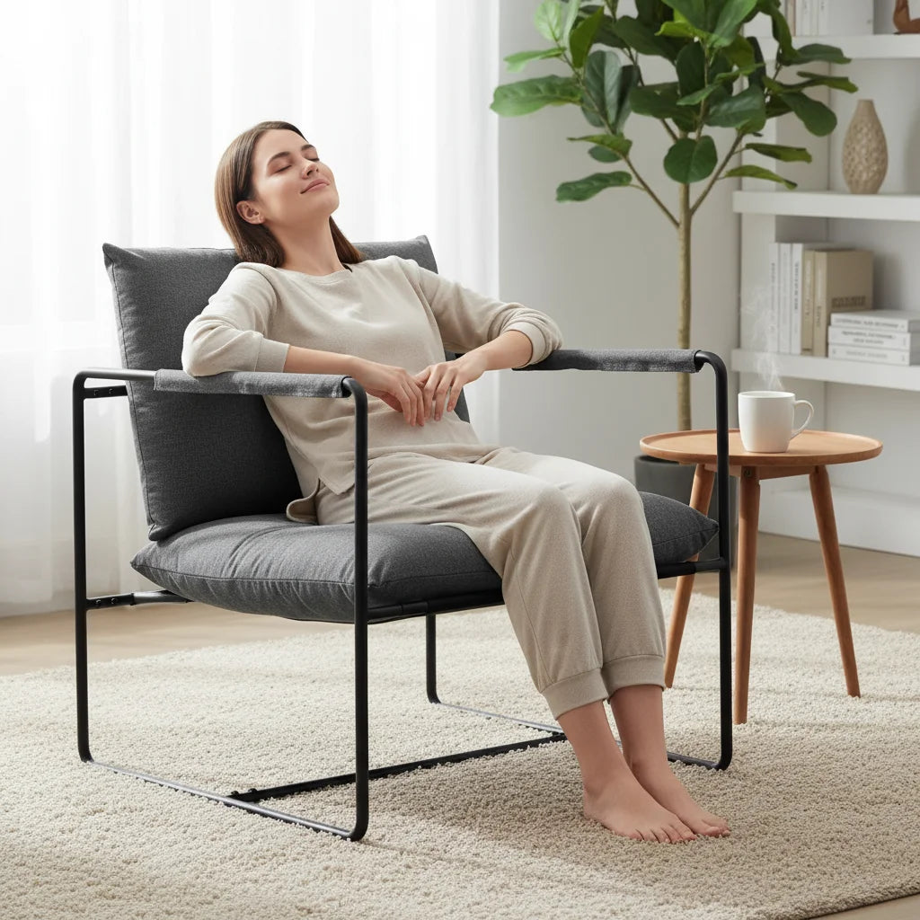 Modern Mid Century Accent Chair, Metal Frame Armchair with Shredded Foam Cushion, Upholstered Lounge Chair Dark Grey