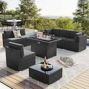 PatioLix 8 Piece Patio Furniture with 44"Propane Gas Fire Pit Table. Outdoor Sectional Conversation Set Wicker Rattan Sofa