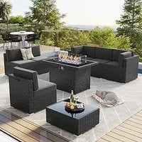 PatioLix 8 Piece Patio Furniture with 44"Propane Gas Fire Pit Table. Outdoor Sectional Conversation Set Wicker Rattan Sofa