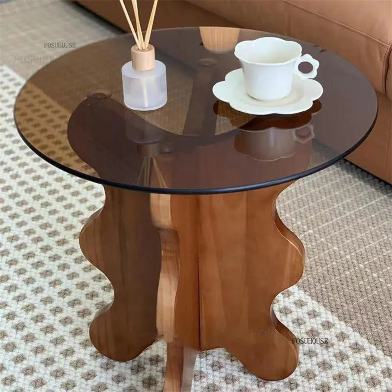 Table d'appoint de luxe légère en bois massif, Tables basses en verre nordique pour meubles de salon, Table d'angle pour petit appartement