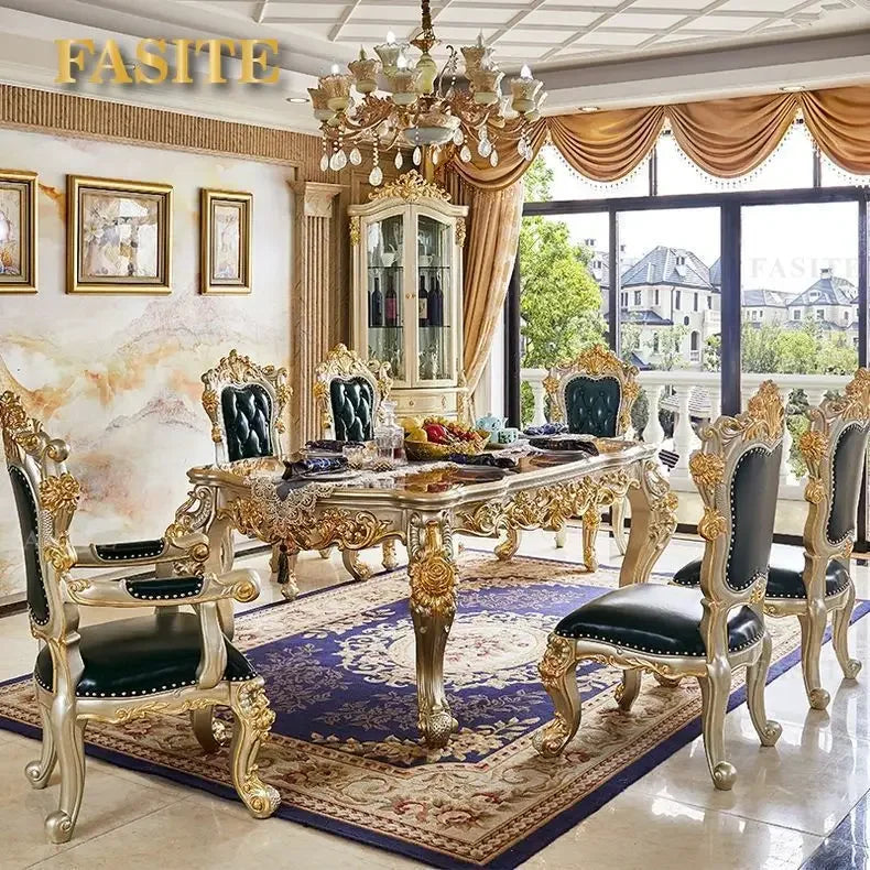 Premium European-style combination dining table and chairs all solid wood flower villa large-sized restaurant