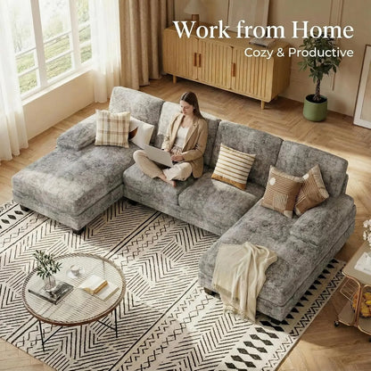 U-shaped Sectional Sofa, Comfortable Chenille Four-seat Sofa Set, with Removable Cushions, Customizable.