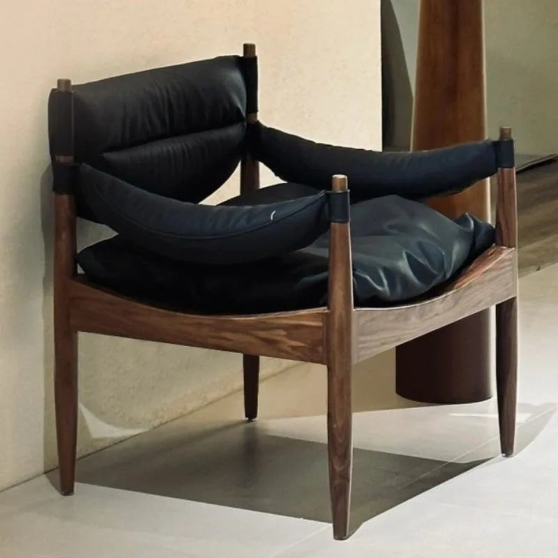 Wooden Living Room Chairs Leather Armchair Aesthetic Vintage Single Person Backrest Chair Luxury Comfortable Lazy Sofa Chair