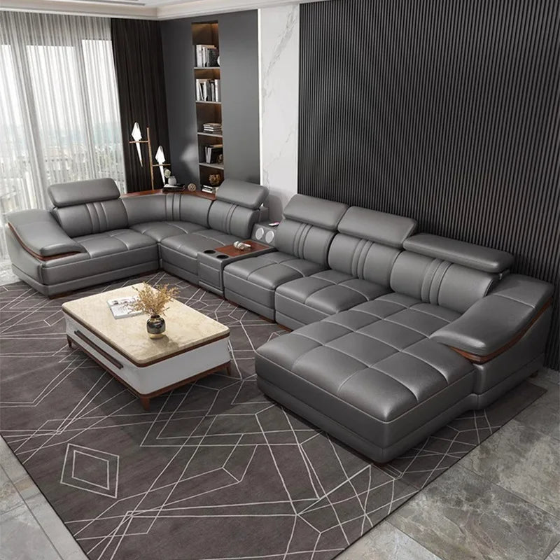 Simple modern leather sofa first layer cowhide living room large corner full set of light luxury leather sofa combination