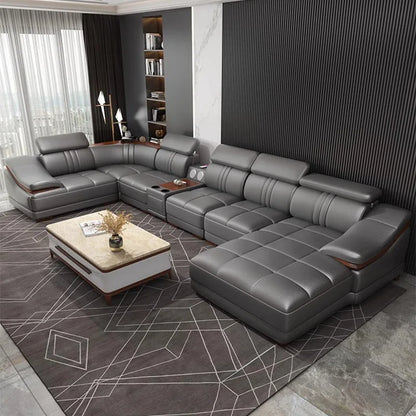 Simple modern leather sofa first layer cowhide living room large corner full set of light luxury leather sofa combination