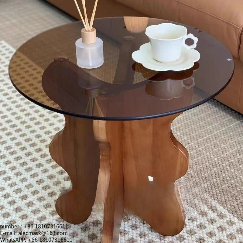 Table basse créative en bois massif avec bordure en pétales de style rétro français, plateau en verre trempé