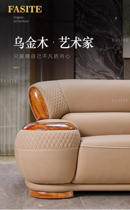 European leather sofa combination high-end living room corner luxury ebony wood first layer cowhide