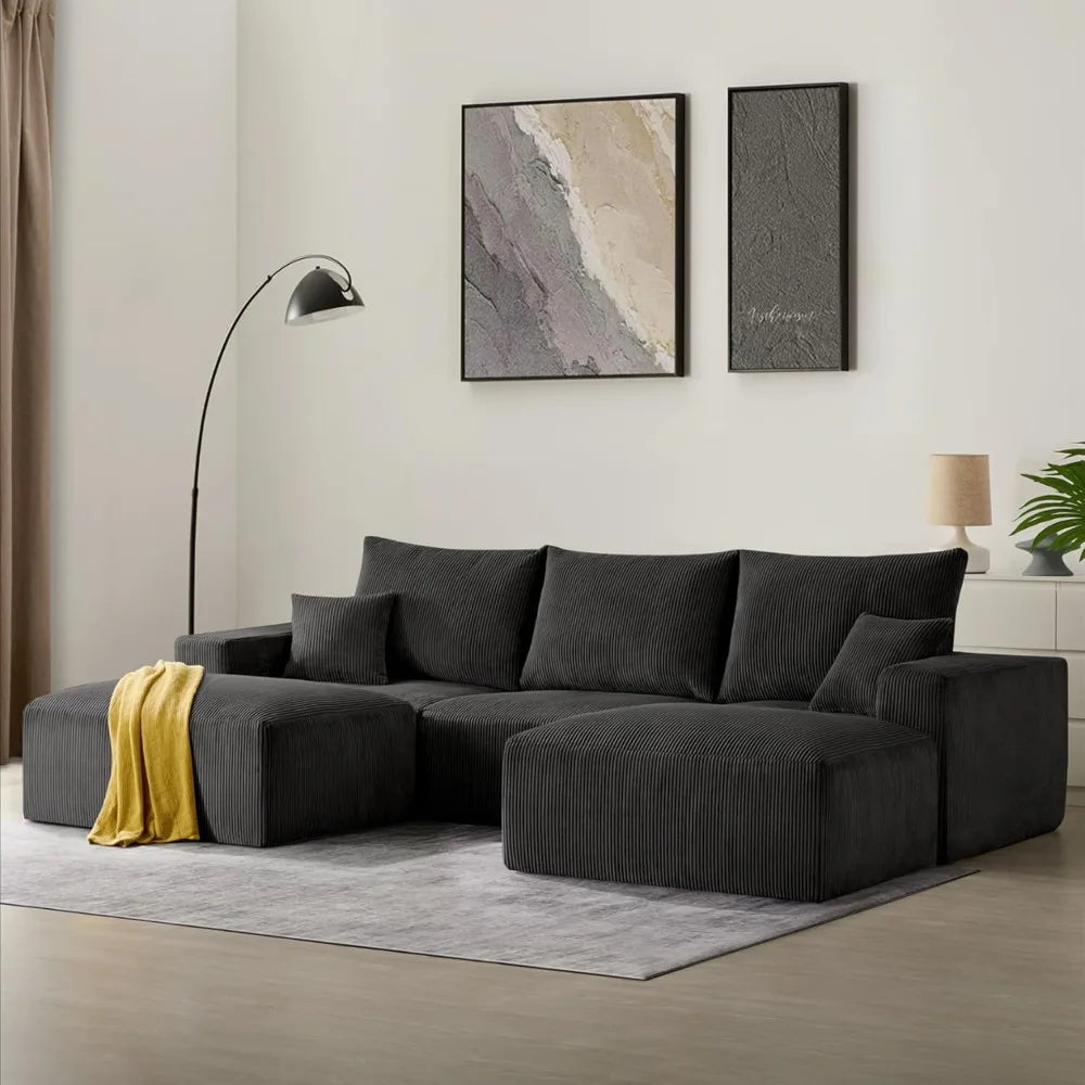 Modern Sectional Sleeper Sofa Bed 3-Seater Grey Lounge Couch Corduroy Convertible Sponge Compression Modular Sofas Chaise Home