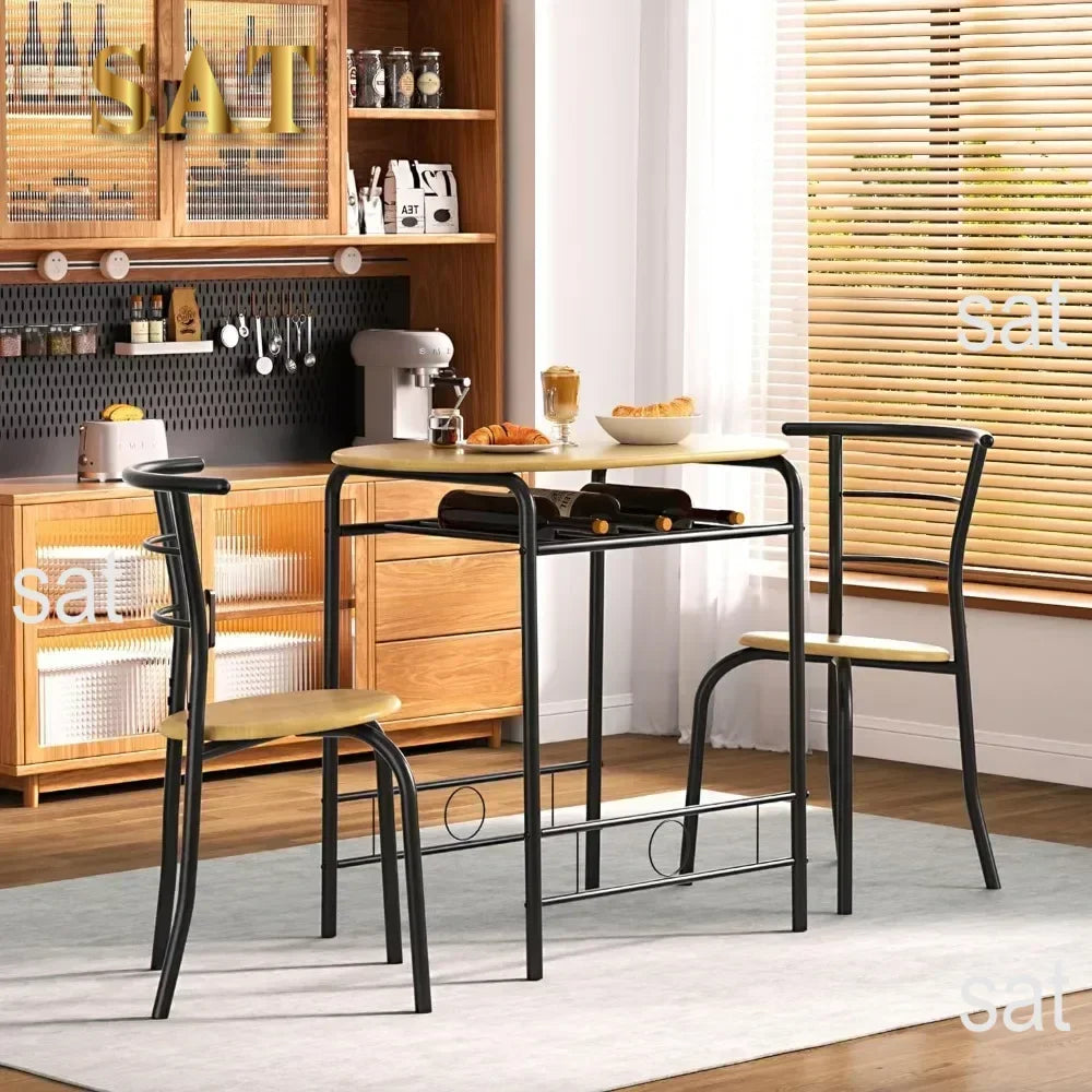 v 3 Piece Small Round Dining Table Set for Kitchen Breakfast Nook, Wood Grain Tabletop with Wine Storage Rack, Save Space, 31.