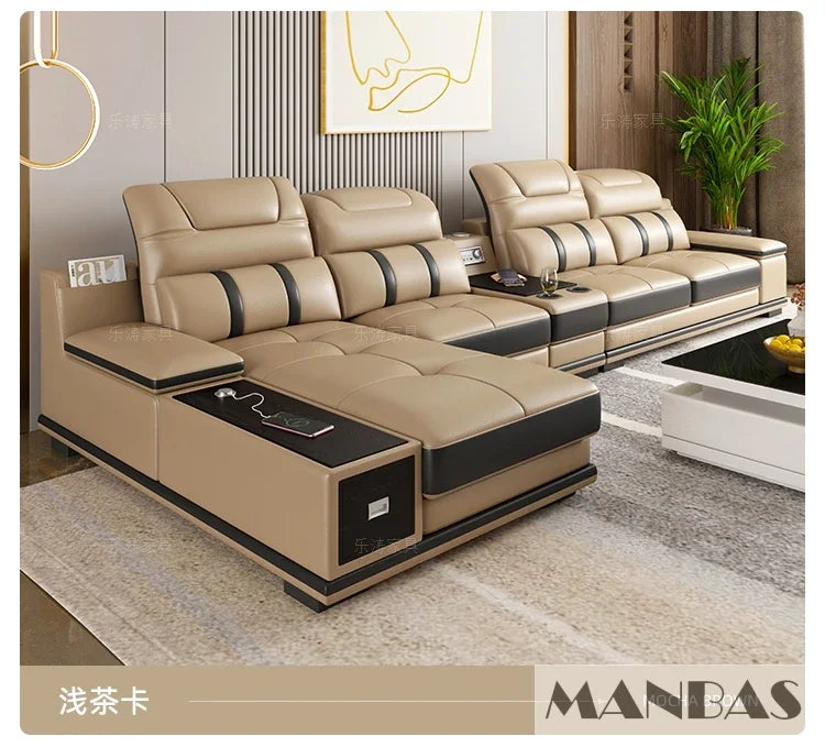 Modern Genuine Leather Sofa Living Room By MANBAS - Stylish Italian Couch with Bluetooth Speaker, USB & Adjustable Headrests