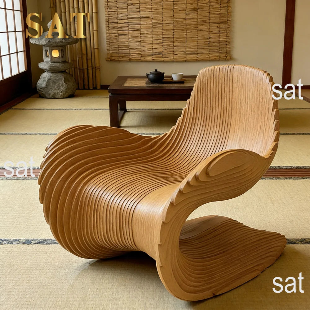 *Contemporary Wavy Solid Wood Slice Leisure Chair | Unique Irregular Accent Chair for Modern Living Room, Home Office & Patio