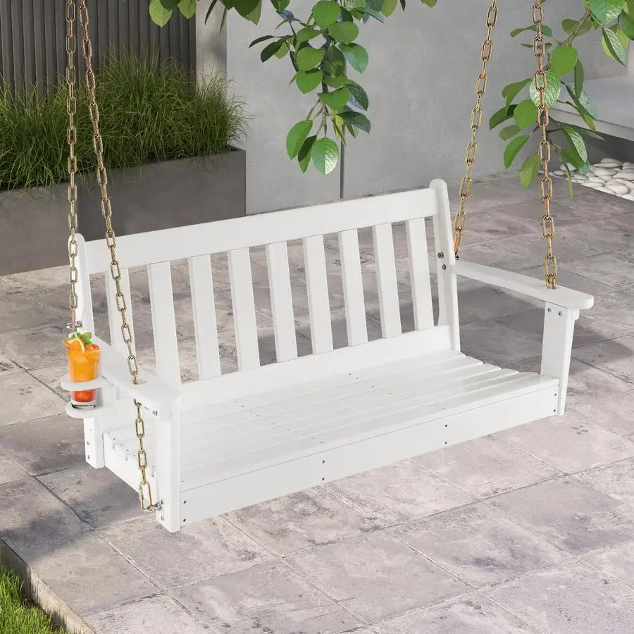 2 Person Hanging Porch Swing, Outdoor Bench Swing with Adjustable Chains, Hidden Cup Holder, HDPE Tree Swing Chair for Patio Ba