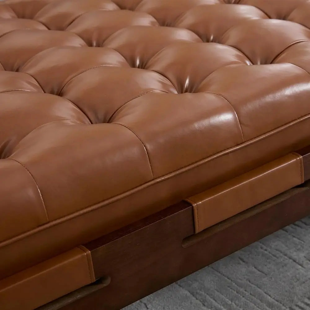 48 Brown Leather Ottoman Coffee Table with Dark Wood, Rectangular Tufted Top for Living Room