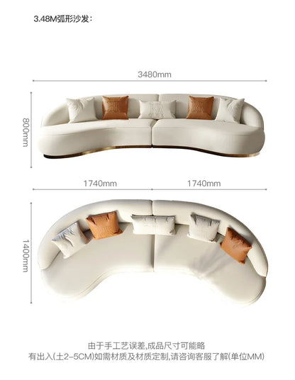 Two-color U-shaped villa leather sofa, modern light luxury semi-curved sofa