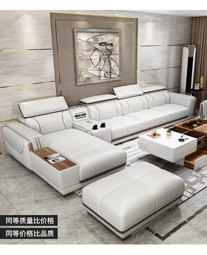 Italian leather sofa set, living room furniture, leather sofa with air purifier and Bluetooth speaker, Modernos Para Sala large