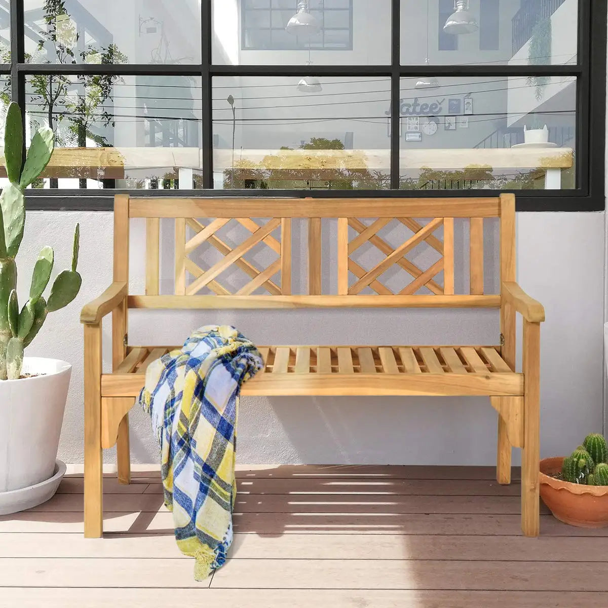 4 Ft Foldable Outdoor Bench, Acacia Wood Outside Loveseat with Curved Backrest and Armrest, 705Lbs Weight Capacity,, Customized