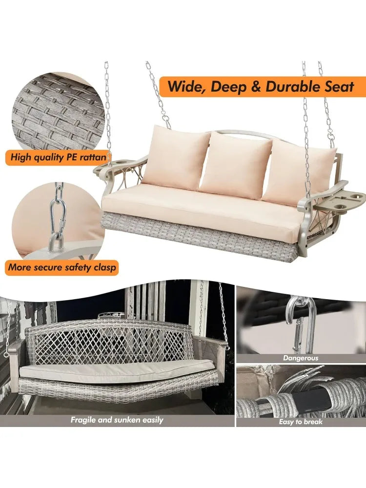3-Person Wicker Porch Swing Chair Heavy Duty 900 LBS Outdoor Rattan Patio Swing Chair w/Cup-Holder & Steel Chains Hanging Bench