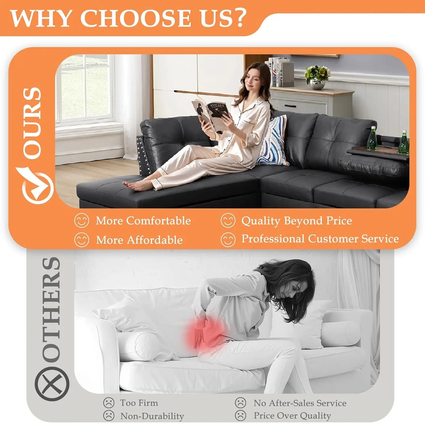 Sectional Sofa Couch, Modern 4-Seaters Living Room Furniture Sets with Chaise Lounge, Ottoman & 2 Pillows | L Shape Couch