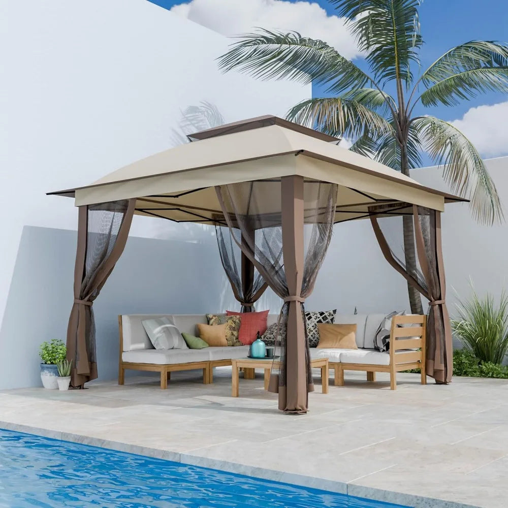 11'X11' Gazebo Pop Up with 4 Sidewalls Mosquito Netting, Heavy Duty Patio Gazebo Canopy Tent with Double Air Roofs for Backyards