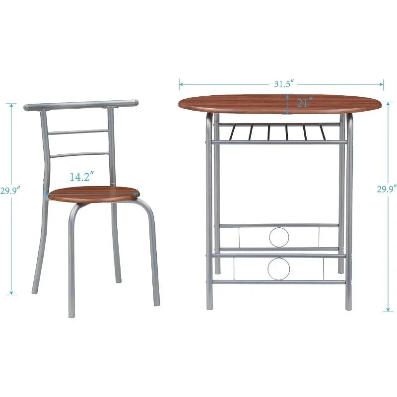 3 Piece Wood Round Table & Chair Set for Dining Room Kitchen Bar Breakfast, with Wine Storage Rack, Space Saving