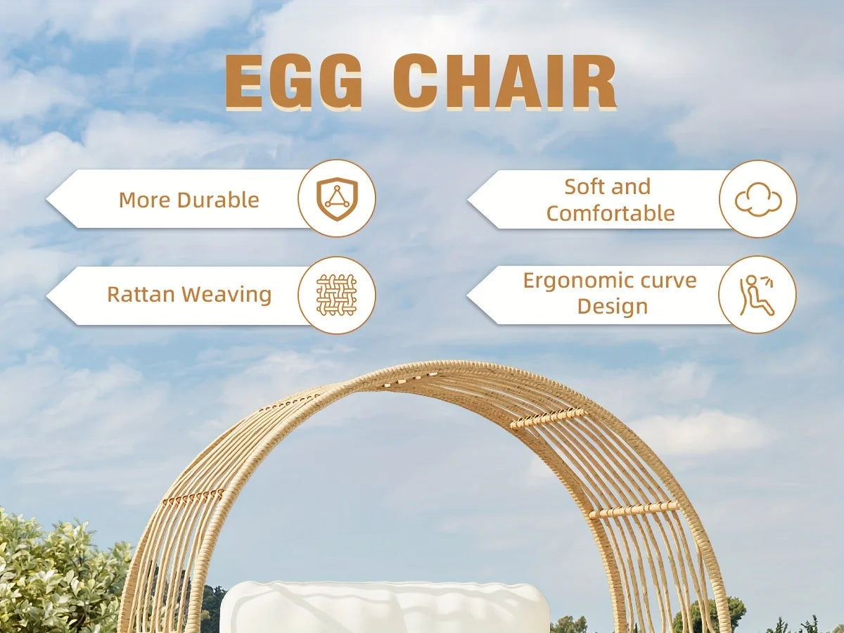 Wicker Round Egg Chair, Oversized Outdoor Lounger For Patio, W/ 4 Cushions, Steel Frame, 330lbs, Rattan Moon Chair