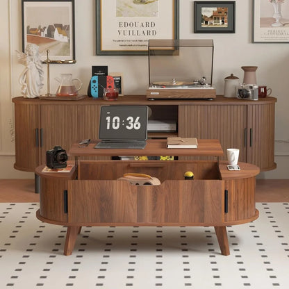 Small Lift Top Coffee Table with Sliding Tambour Door, 47.3" Mid Century Modern Curved Coffee Table with Storage, Oval Center Ta
