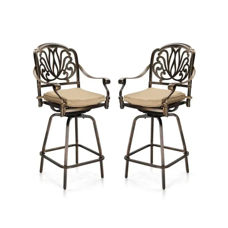 Outdoor Swivel Bar Stools Set of 2, Cast Aluminum Patio Bar Height Chairs, All-Weather Swivel Dining Chairs for Outdoor