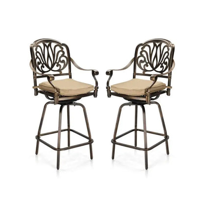 Outdoor Swivel Bar Stools Set of 2, Cast Aluminum Patio Bar Height Chairs, All-Weather Swivel Dining Chairs for Outdoor