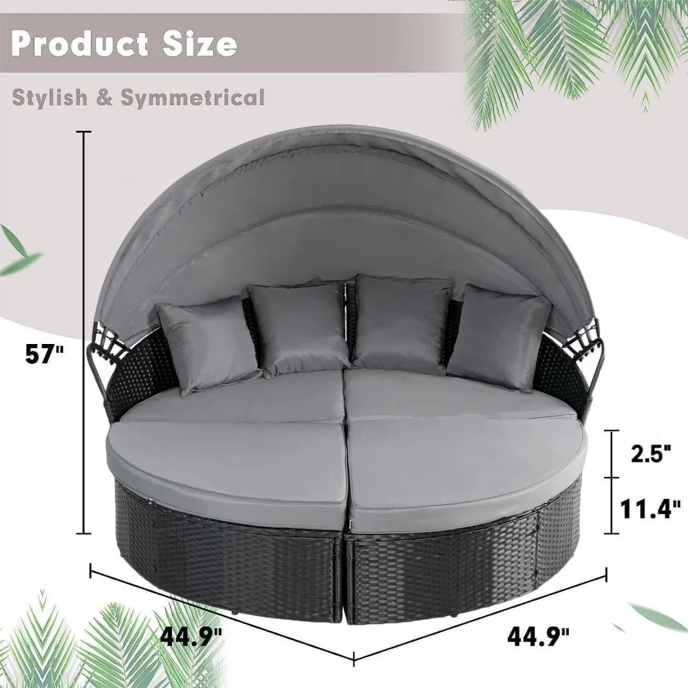Outdoor Patio Canopy Bed Round Daybed with Washable Cushions, Clamshell Sectional Seating Wicker Furniture with Retractable Can