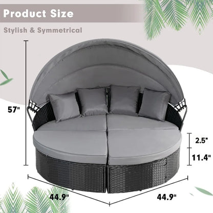 Outdoor Patio Canopy Bed Round Daybed with Washable Cushions, Clamshell Sectional Seating Wicker Furniture with Retractable Can