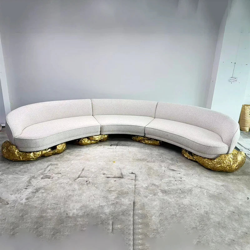 Manufacturer Villa Home Family Furniture Copper Base Nordic Curved Living Room Sofas 5-6 Seats White Fabric Modern Curved Sofa