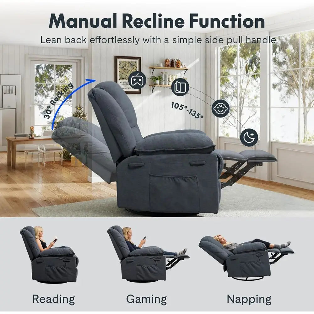Adult Swivel Rocker Recliner with Massage & Heat, Manual Rocking Chair featuring USB Port and Side Pocket, Ideal for Small Space