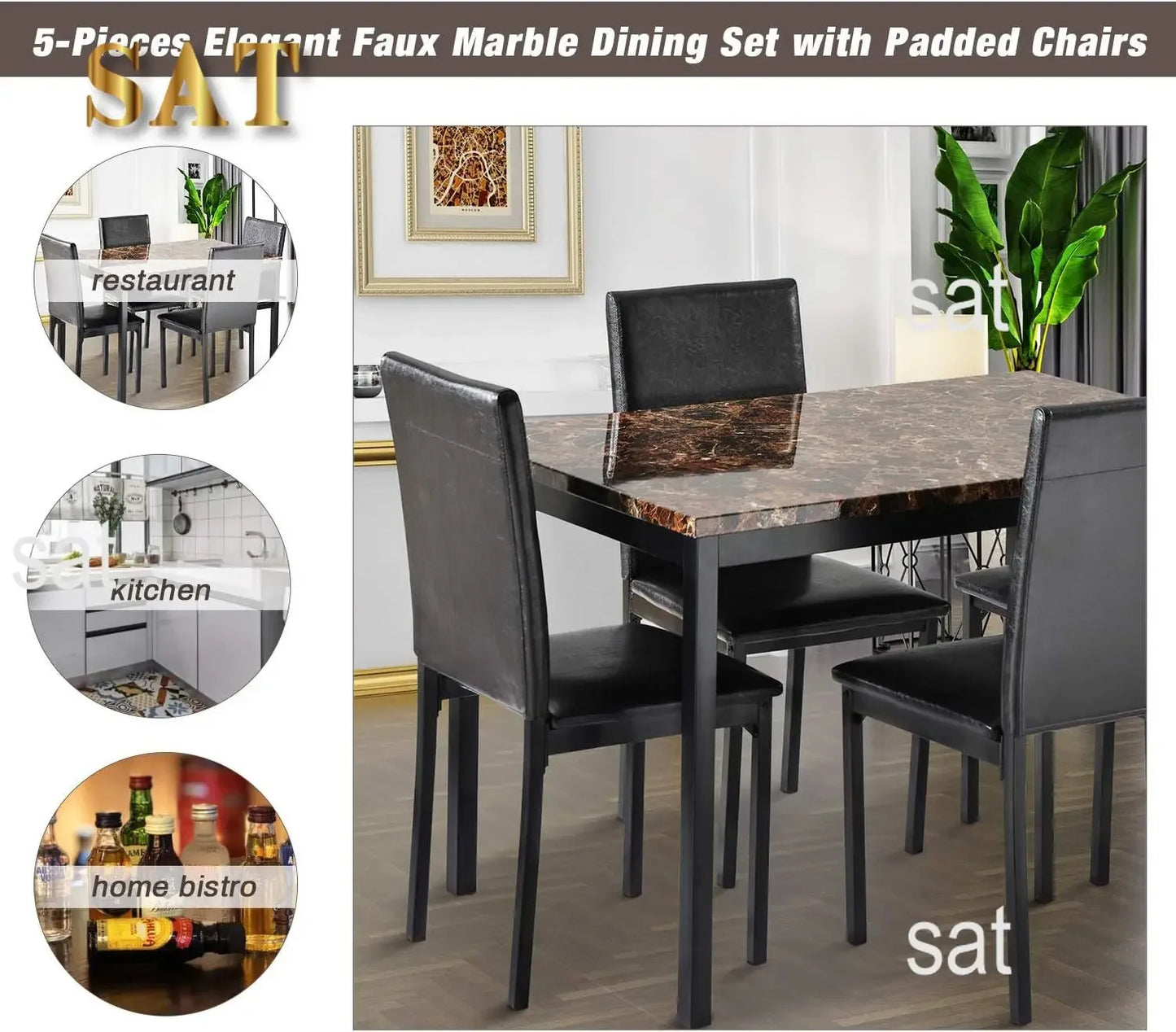 Dining Room Table Set,5-Piece Kitchen Dining Set with Glass Table Top 4 PU  Metal Frame Chairs A