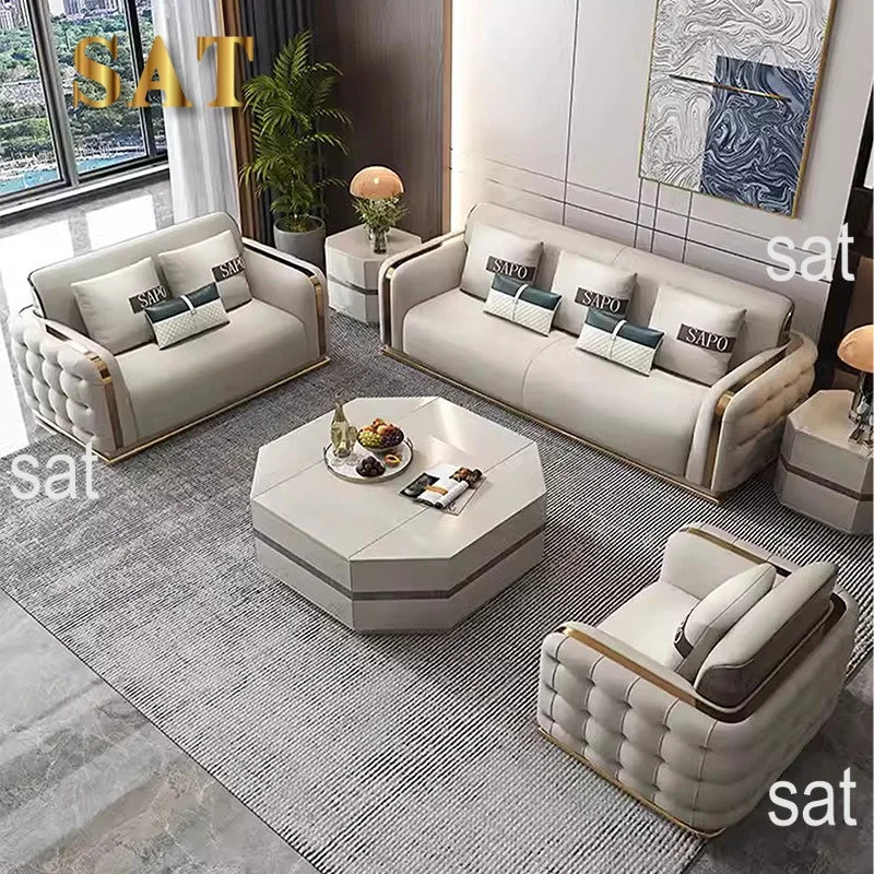 Luxury Modern Leather Couch Living Room High End Chesterfield Sofa Set Furniture With Gold Stainless Steel Decoration Villa Sofa