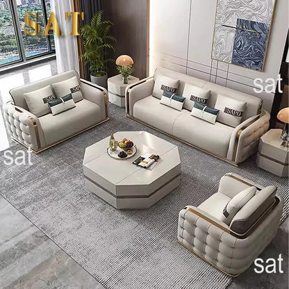Luxury Modern Leather Couch Living Room High End Chesterfield Sofa Set Furniture With Gold Stainless Steel Decoration Villa Sofa
