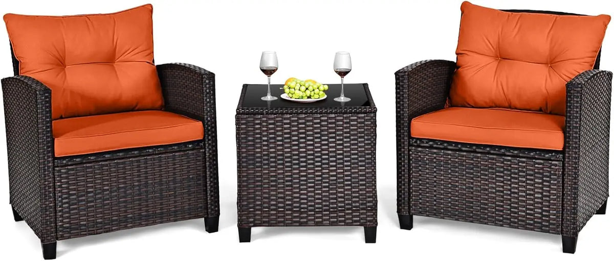 3 Pieces Patio Conversation Set, Outdoor Furniture Set PE Rattan Sofa Set With Removable Cushions, PE Wicker Chairs W