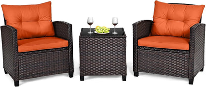 3 Pieces Patio Conversation Set, Outdoor Furniture Set PE Rattan Sofa Set With Removable Cushions, PE Wicker Chairs W