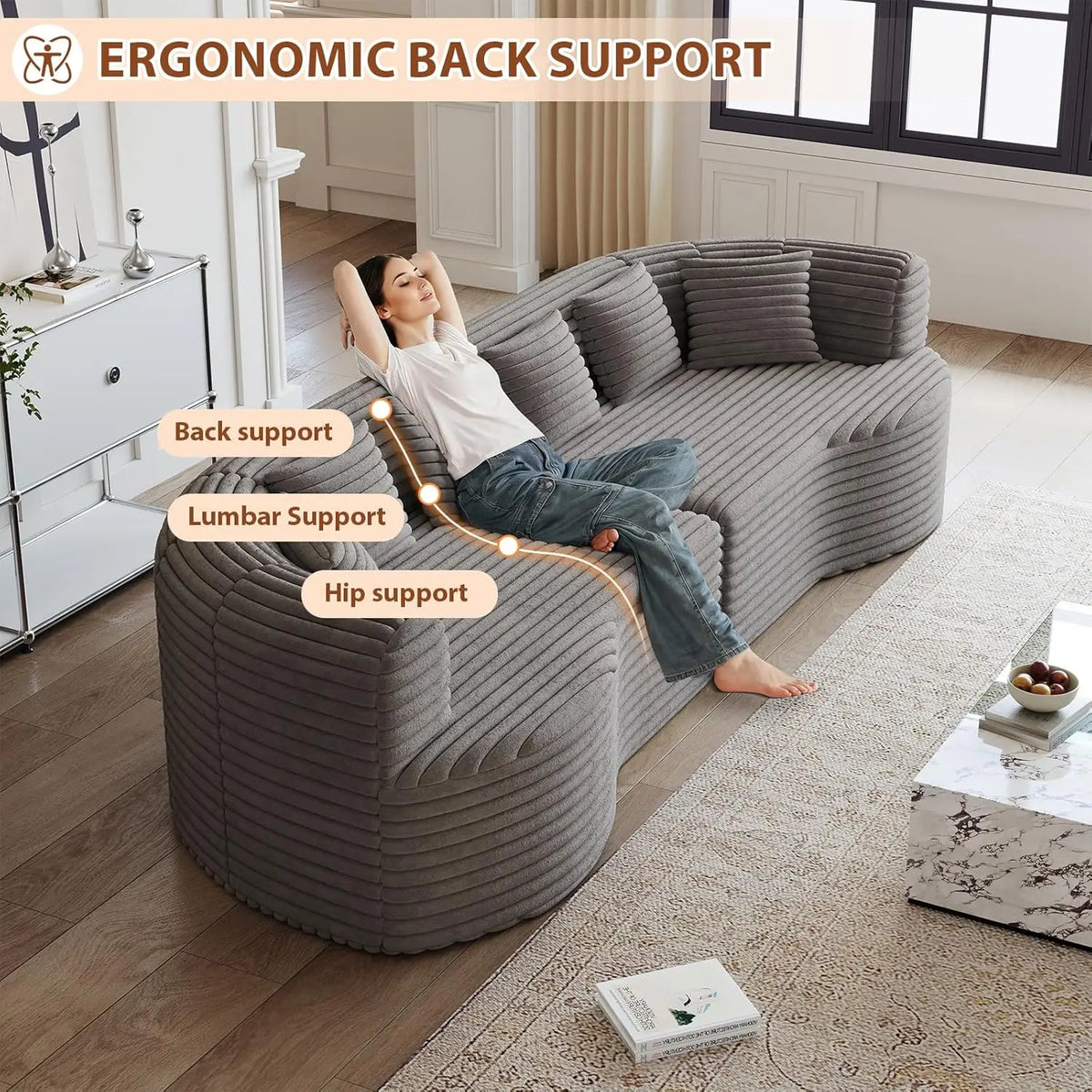 Oversized Curved Sectional Sofa, 106” Modern Boneless Modular 4-Seater Couch with 6 Pillows Corduroy Deep Seat Sofas, Custom