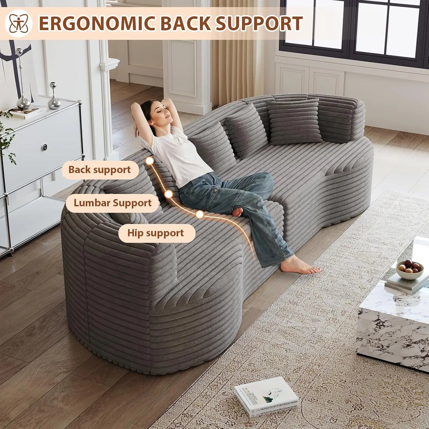 Oversized Curved Sectional Sofa, 106” Modern Boneless Modular 4-Seater Couch with 6 Pillows Corduroy Deep Seat Sofas, Custom