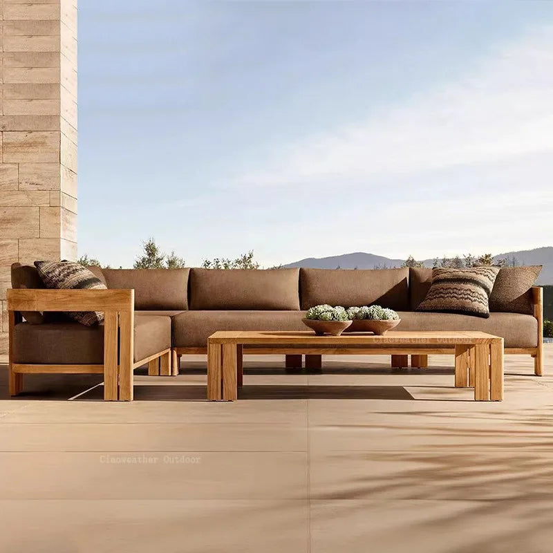 nvModern Luxury Teak Waterproof Outdoor Sofa with Cushions Customized Color for Patio Courtyard Apartment&Hotel Living Rooms&